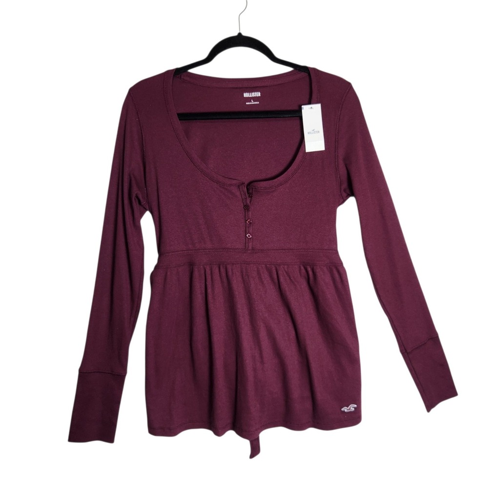 Hollister Womens Ribbed Henley Babydoll Top Burgundy Long Sleeve Large 6581